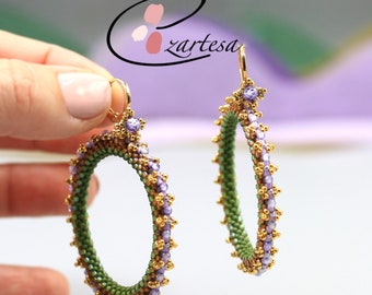 Beaded Lavender and Green Zircon Hoop Earrings, Ezartesa Design