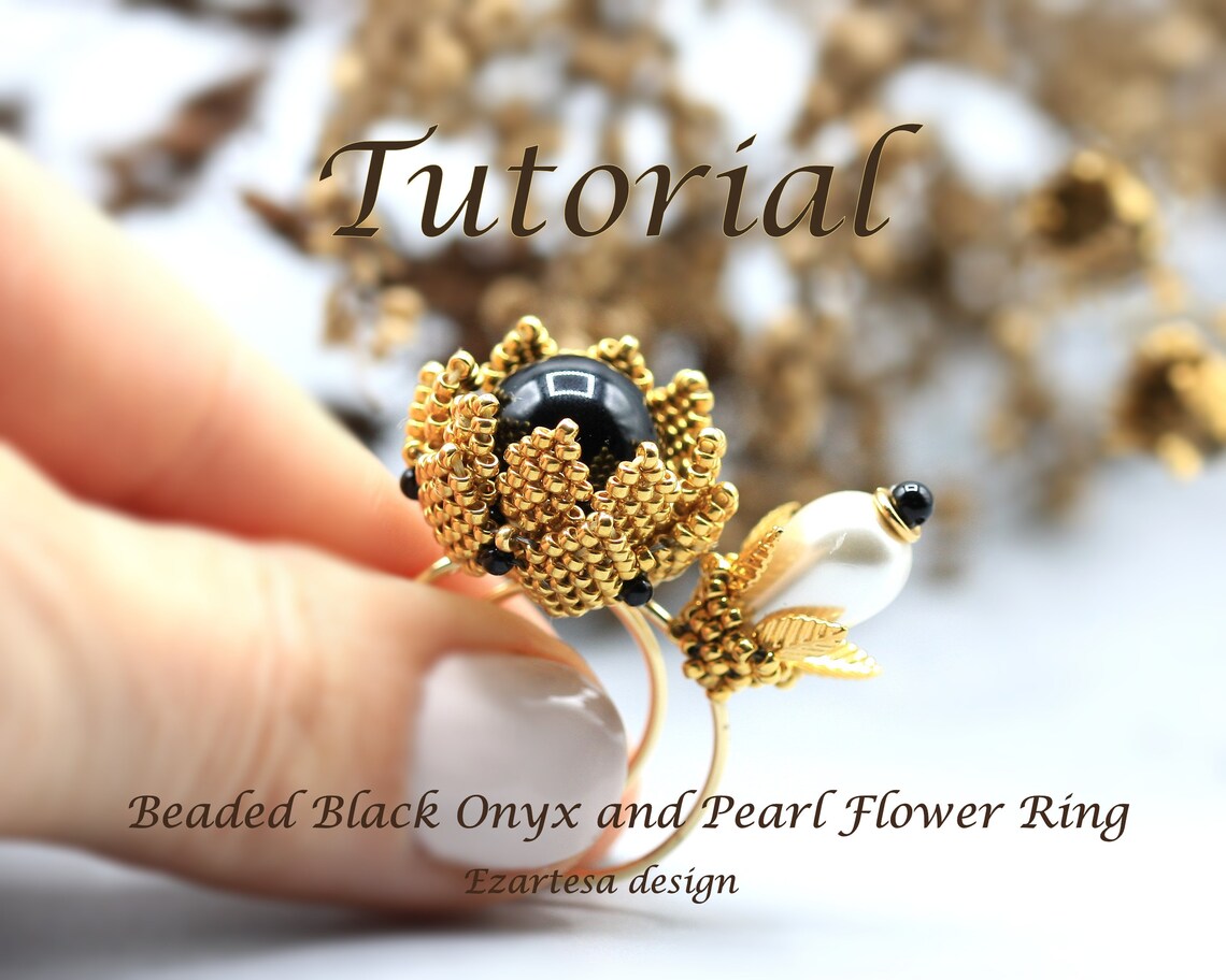 Beaded Flower Ring Pattern. Black Onyx and Pearl Drop Beaded Etsy