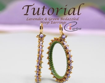 Lavender and Green Bedazzled Hoop Earrings Tutorial, Seed Bead Earrings Beading Pattern by Ezartesa