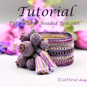 May include: Purple Love Beaded Bracelet tutorial featuring a close-up of a beaded bracelet with purple and gold tassels. The bracelet is made with small beads and has a geometric pattern. The tutorial is by Ezarteasa design.