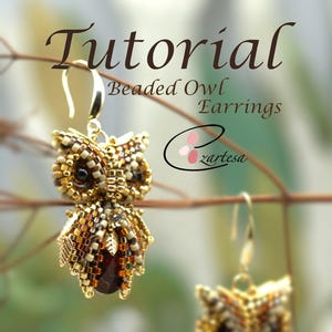 May include: A pair of beaded owl earrings with gold-tone hooks. The owls are made with brown, gold, and white beads and have a red gemstone in the centre. The earrings are labelled "Beaded Owl Earrings" and "zartesa".