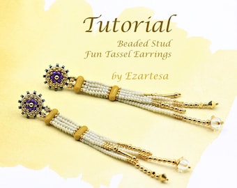 Beaded Stud Fun Tassel Earrings Tutorial with Swarovski Crystals, Glass Seed Beads and Czech Beads, Beaded Tassel Pattern by Ezartesa