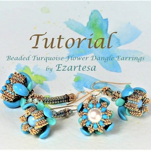 May include: A tutorial for beaded turquoise flower dangle earrings. The earrings are made with turquoise and gold beads and feature a pearl in the centre of one of the earrings.