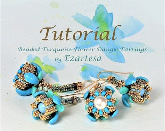 Beaded Turquoise Flower Dangle Earrings Tutorial with Czech Glass Beads, Swarovski Crystal Rose Montees, Crystal Pearls and Seed Beads