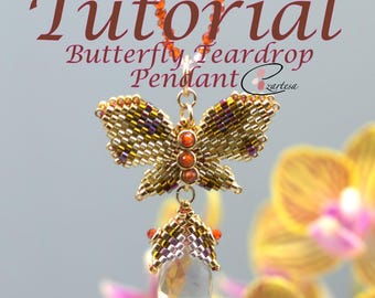 May include: A tutorial for making a beaded butterfly teardrop pendant. The pendant features a gold and brown butterfly with a clear teardrop crystal hanging below. The text "Butterfly Teardrop Pendant" is visible in the image.