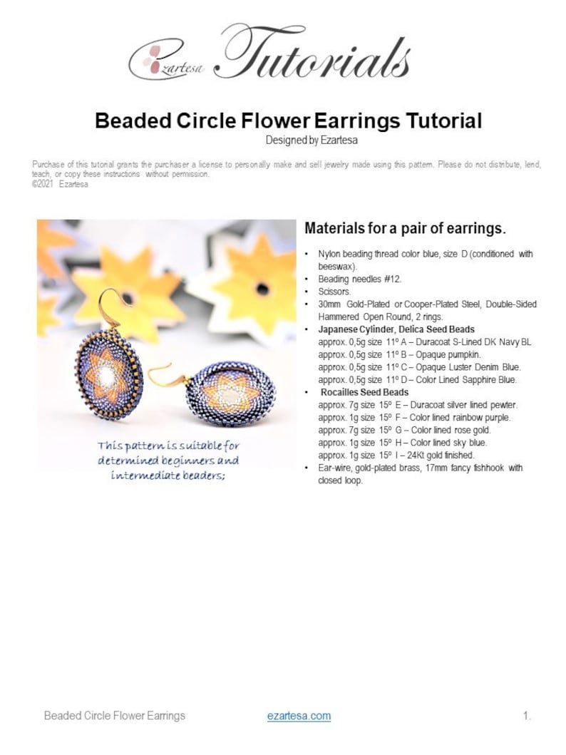 Beaded Circle Flower Earrings Tutorial, Seed Bead Pattern by Ezartesa for Beginners. image 4