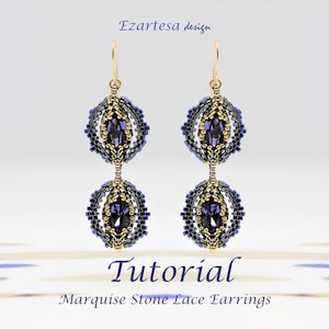 May include: A pair of gold and blue beaded earrings with marquise-shaped stones. The earrings are made with a stone lace technique and have a dangling design. The earrings are labeled "Tutorial Marquise Stone Lace Earrings".