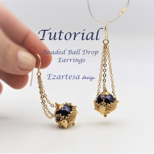 Beaded Ball Drop Earrings Tutorial with Swarovski Pearls, Gold Chains and Fishhook Earwires, Seed Bead Pattern by Ezartesa