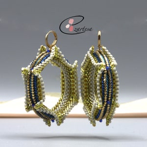 Handmade Ouroboros Seed Bead Hoop Earrings Blue, Yellow, and White with Gold Accents, Ezartesa Design. zdjęcie 1