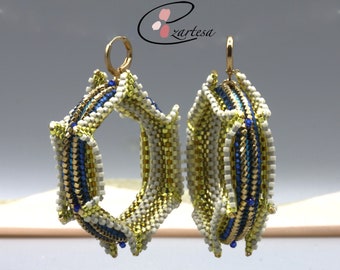 Handmade Ouroboros Seed Bead Hoop Earrings - Blue, Yellow, and White with Gold Accents, Ezartesa Design.