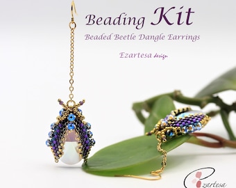 Beading Kit, Beaded Beetle Dangle Earrings by Ezartesa