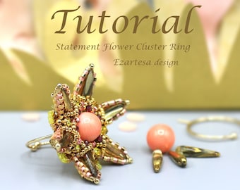 Statemen Flower Cluster Ring Beading Tutorial, Seed Bead, Coral, Czech Glass Preciosa and Crystal Montee Beaded Ring Pattern by Ezartesa.