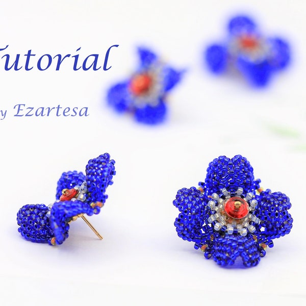 Beaded Seed Bead Flower Stud Earrings Tutorial with Cobalt Glass Seed Beads, Czech Gass  Beads Beading Pattern by Ezartesa