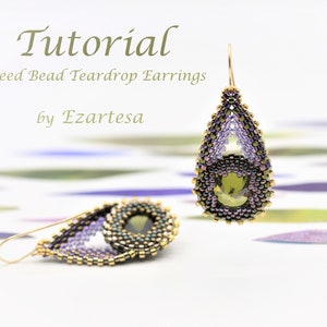 Seed Bead Beaded Teardrop Earrings Tutorial with Olive Cubic Zirconia Round Stone and violet, olive, gold, nickel  finish glass beads.