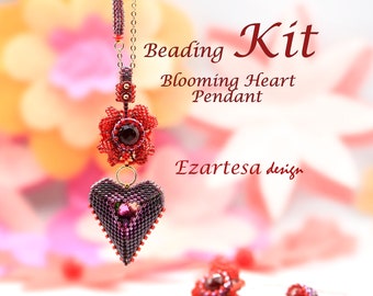 Blooming Heart Pendant Beading Kit, Seed Bead Pattern by Ezartesa