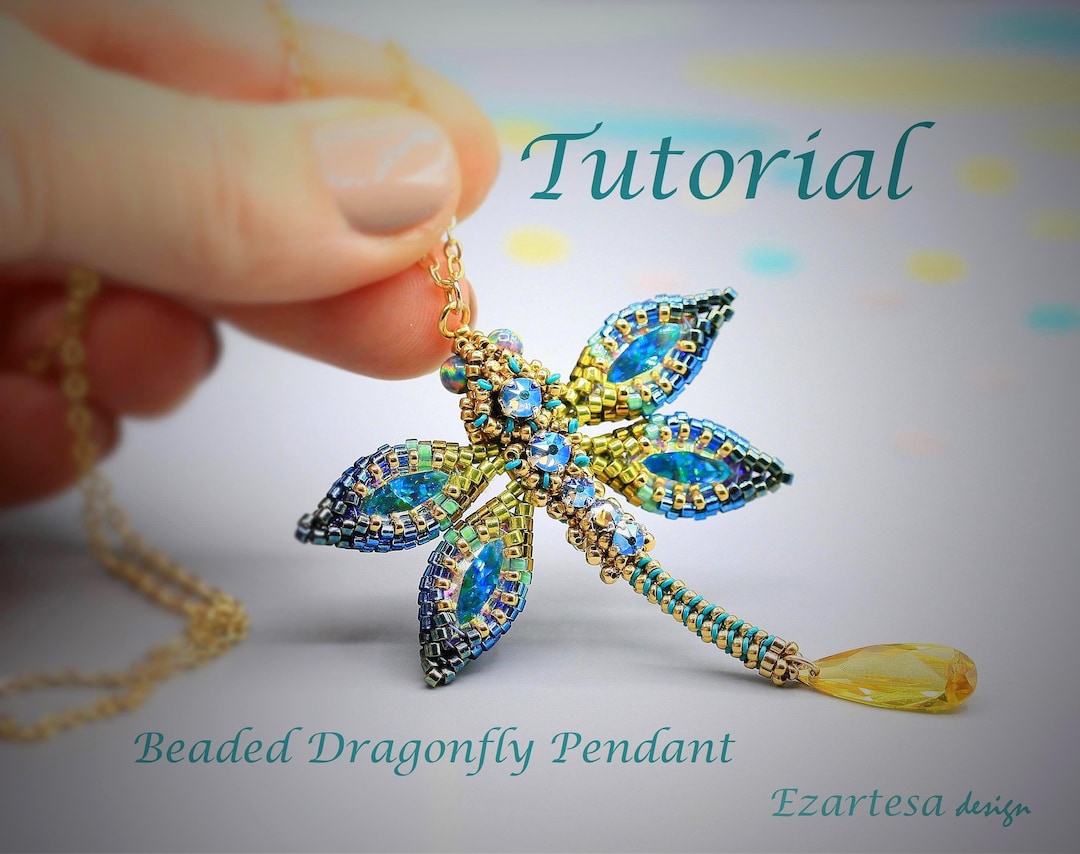 Tutorial and Kit for Bead Embroidered Necklace Dragonfly Dark Blue