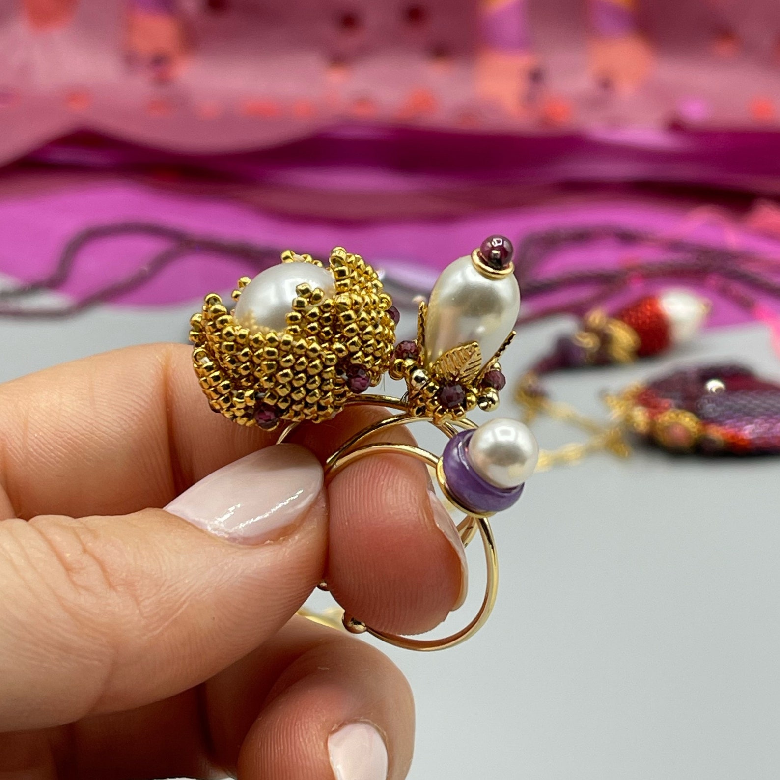 Beaded Flower Ring Pattern. Black Onyx and Pearl Drop Beaded Etsy