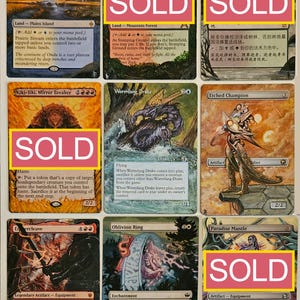 May include: Nine Magic: The Gathering trading cards, including lands, creatures, and equipment. The cards feature various illustrations and text, with some marked "SOLD" in a pink rectangle. The cards are in English.