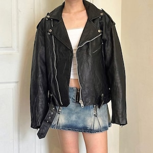 Vintage Black Genuine Leather Jacket, Vintage 80s 90s Biker Jacket, Women’s Leather Jacket with Belt / Size S-XL