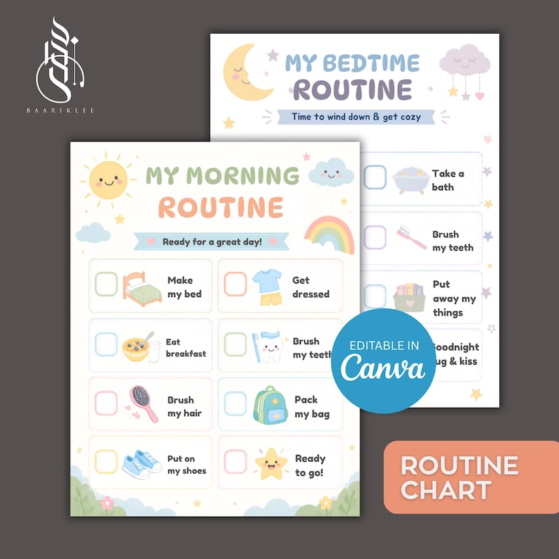 Tableau des routines du matin et du soir pour enfants, emploi du temps ...