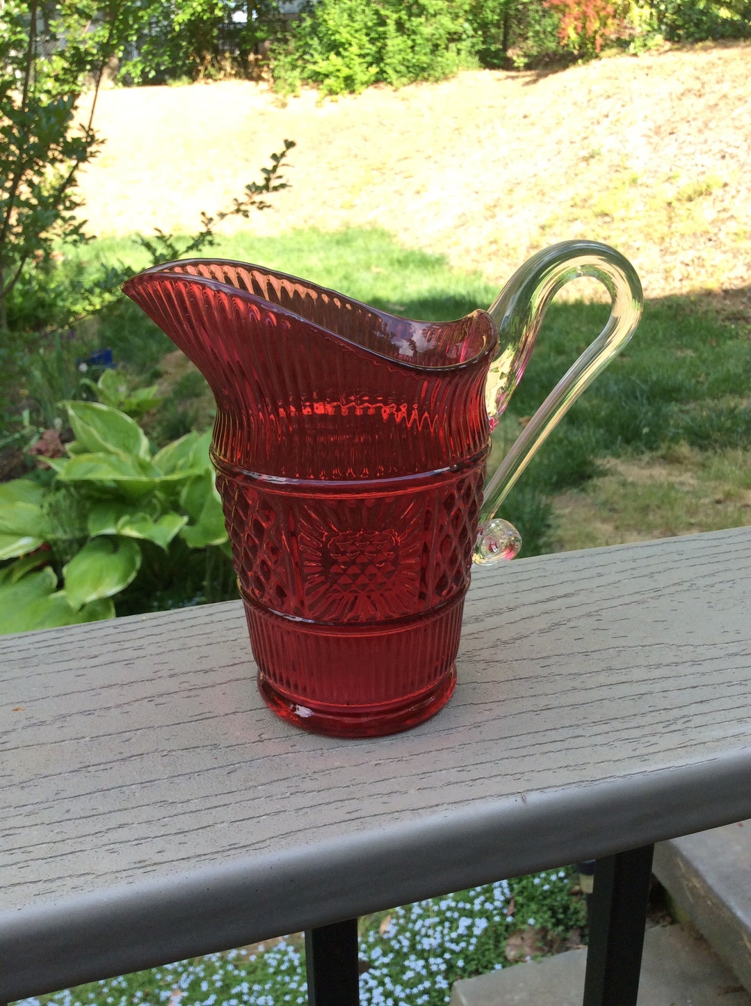 Cranberry Fenton Quilt Pattern Glass Pitcher Etsy
