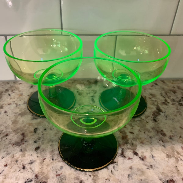 Vintage Vaseline Glass Gold-Rimmed Coupes