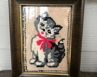 Small Vintage Framed Kitten Needlepoint