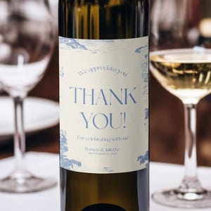 Thank You Wine Label – Printable Blue Toile Canva Template, Gift for Sendoff, Bridesmaid Proposal, Wedding Favor for Guest | Juliette
