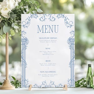 Wedding Bar Sign – Dusty Blue Toile Floral Signature Drink Menu, Arch | Editable Canva Template