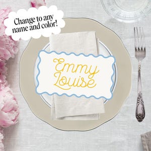 Retro Wavy Wedding Place Cards, Editable Canva Template, Funky Scallop Border Table Name Tags, Curvy Text Printable | Emmy