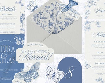 Paquete personalizado de toile para boda: plantilla editable de Canva: letreros florales azules para boda, plano de asientos, regalo de despedida, invitación y decoración francesa.