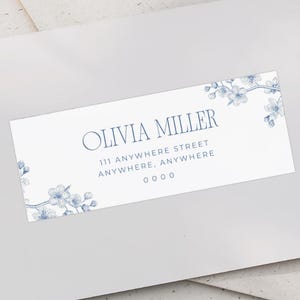Etiquettes d&#39;adresse personnalisées en toile pour invités de mariage, modèle de toile modifiable, stickers enveloppe de mariage, enveloppe de mariage jardin, floral bleu poudré