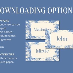 Puede incluir: Tarjetas de nombre imprimibles en azul y blanco con los nombres "Maximilian", "John" y "Juliette". Las tarjetas miden 9x5 cm y tienen un borde decorativo. La imagen tambi&eacute;n incluye el texto "DOWNLOADING OPTIONS" y "PRINTING TIPS".