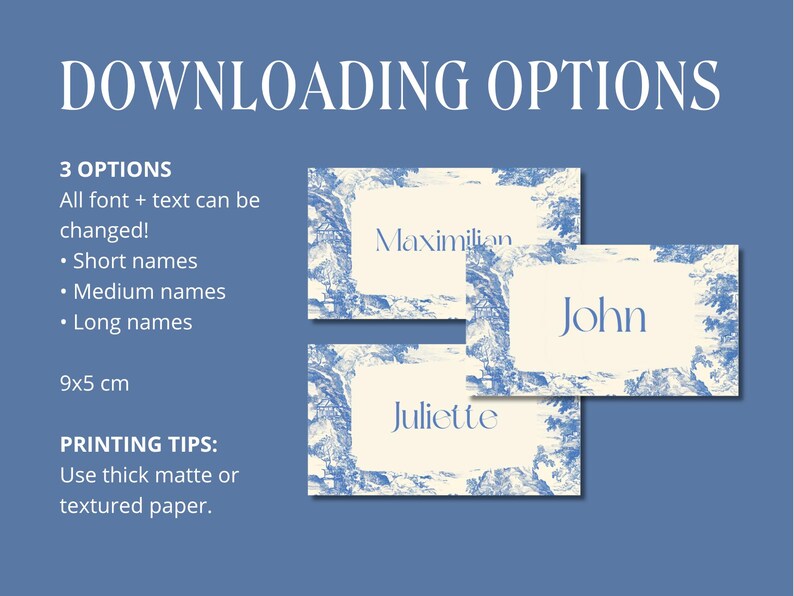 Puede incluir: Tarjetas de nombre imprimibles en azul y blanco con los nombres "Maximilian", "John" y "Juliette". Las tarjetas miden 9x5 cm y tienen un borde decorativo. La imagen tambi&eacute;n incluye el texto "DOWNLOADING OPTIONS" y "PRINTING TIPS".