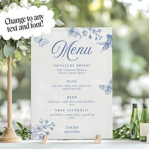 French Toile Wedding Bar Menu – Printable Blue Floral Signature Drink Sign, Vintage Garden Cocktail Decor Template, Editable Canva Template