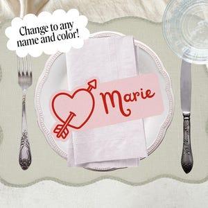Modelo de cartão de lugar editável do Canva – Etiqueta de nome de casamento em formato de coração rosa – Modelo de cartão plano personalizado – Cartão de mesa para impressão com download instantâneo