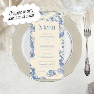 Modello di menu per matrimonio in toile de mariage - Insegna in stile cinese francese blu e bianco - Design modificabile su Canva - Idee per menu stampabili in PDF con informazioni sulla festa nuziale