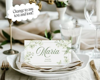 Tarjetas de lugar en toile verde salvia, mesa de boda con jardín floral de flores silvestres editable en Canva, plantilla de etiquetas de nombre personalizadas para cenas con caligrafía de acuarela