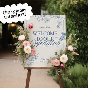 Blue Floral Bar Sign Wedding - Toile Wedding Sign - Dusty Blue Editable Pre Wedding Sign Template - French Chinoiserie Canva Printable Decor