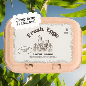 May include: A light brown egg carton with a label that reads "Fresh Eggs" and features a hen illustration. The carton holds six eggs and includes space for a farm name and address. The background shows green leaves and a blue sky.