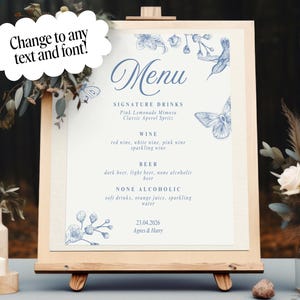 Something Blue Floral Bar Sign Wedding, Toile Wedding Cocktail Menu Template, French Signature Drink Sign, Wildflower Floral, Editable Canva