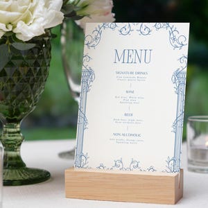 Arched Toile Wedding Bar Sign – Blue Floral Signature Cocktail Menu | Editable Canva Template Printable