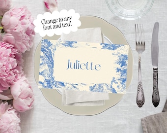 Tarjetas de lugar para bodas, decoración de mesas de estilo rococó, plantilla personalizada de Canva, etiquetas de nombre imprimibles en azul polvoriento, caligrafía francesa / Julieta