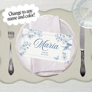 Segnaposto per matrimonio in tela blu – Etichette per nomi stampabili – Eleganti segnaposto floreali francesi – Modello Canva modificabile – Decorazione per la tavola