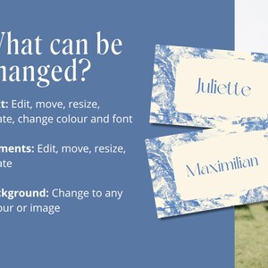 Puede incluir: Dos tarjetas de mesa con bordes florales azules y blancos, con los nombres "Juliette" y "Maximilian". La imagen tambi&eacute;n incluye texto que indica que el texto, los elementos y el fondo se pueden editar.