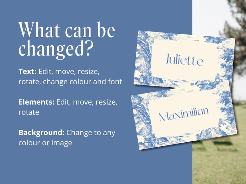 Puede incluir: Dos tarjetas de mesa con bordes florales azules y blancos, con los nombres "Juliette" y "Maximilian". La imagen tambi&eacute;n incluye texto que indica que el texto, los elementos y el fondo se pueden editar.