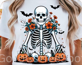 Trendy Halloween Skeleton Shirt Png, Pumpkin Skeleton Png, Spooky Halloween Sublimation Design, Spooky Vibes, Halloween Png, Spooky Season