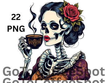 Skeletons Drinking Coffee Shirt Png, Funny Coffee Lover Gift, Trendy Woman Skeleton PNG, Funny Skeleton Bundle Png, Vintage Skeleton Coffee