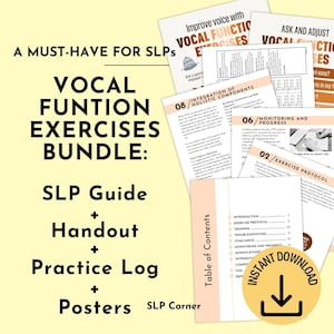 Puede incluir: Un paquete de ejercicios de función vocal para logopedas. La imagen muestra una guía, folletos, un registro de práctica y carteles. Se ven varias páginas con texto, así como un gráfico de "Descarga instantánea".