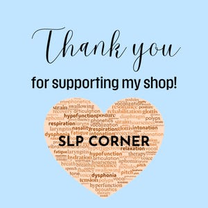 Op de afbeelding: Een lichtblauwe afbeelding met de woorden "Thank you for supporting my shop!" in zwart script. Een hartvormige afbeelding in het midden bevat de tekst "SLP CORNER" en gerelateerde termen.
